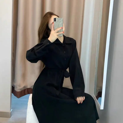 Hebenopis Damen Langes Kleid 2025, Frühling und Herbst, neues, tailliertes, schlankmachendes, elegantes schwarzes Kleid, Kleidung, schmale Passform für Damen.