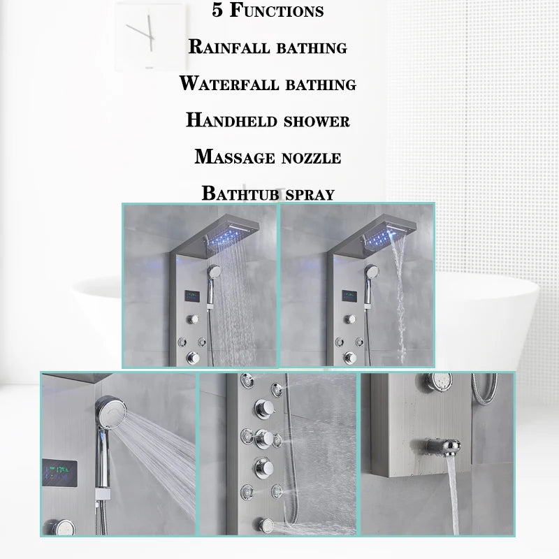 LED Light Bathroom Shower Faucet Set LED Rainfall Shower Panel System Bathtub Water Mixer Tap Massage SPA Temperature Screen