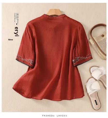 Retro Chinesischen Stil Lose Fit Baumwolle Leinen Kurzarm Shirt frauen Sommer Schwere Stickerei Abnehmen Top Flagge Kleid