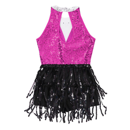 Kind Mädchen Ärmellose Glänzende Pailletten Quaste Boyshorts Kleid Latin Jazz Dance Cha-cha Samba Bühne Leistung Kostüm Dancewear.