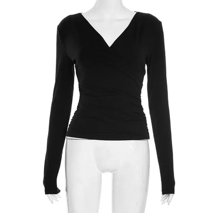 Pure Color V-neck Long Sleeve T-shirt Waist-cinching Sexy Top for Women Cross-border Autumn New Style Y25TP348 Polyester Fiber.