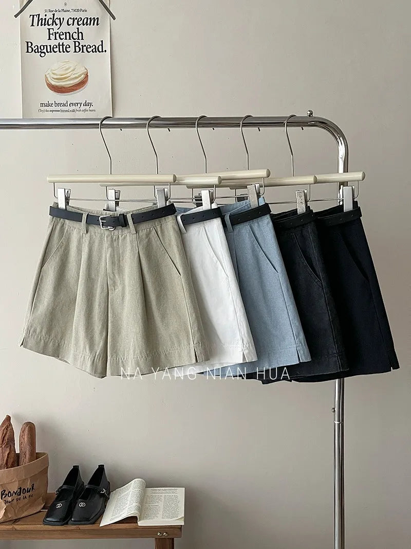 Beiyingni Korean Women High Waist Shorts With Belt Elegant Cotton Linen Casual Slim Female Shorts White Street Short Cargo Pants.