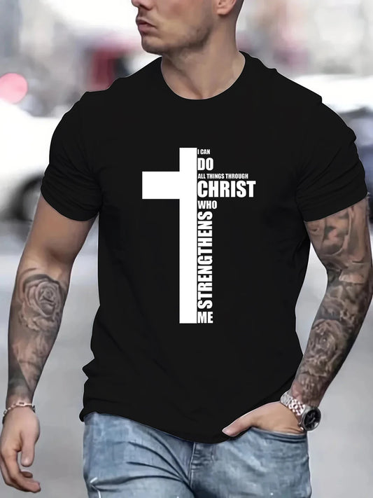 Men's Summer 100% Cotton Fashion Cross Graphic Printed Loose Large Casual Round Neck Short Sleeve T-shirt.