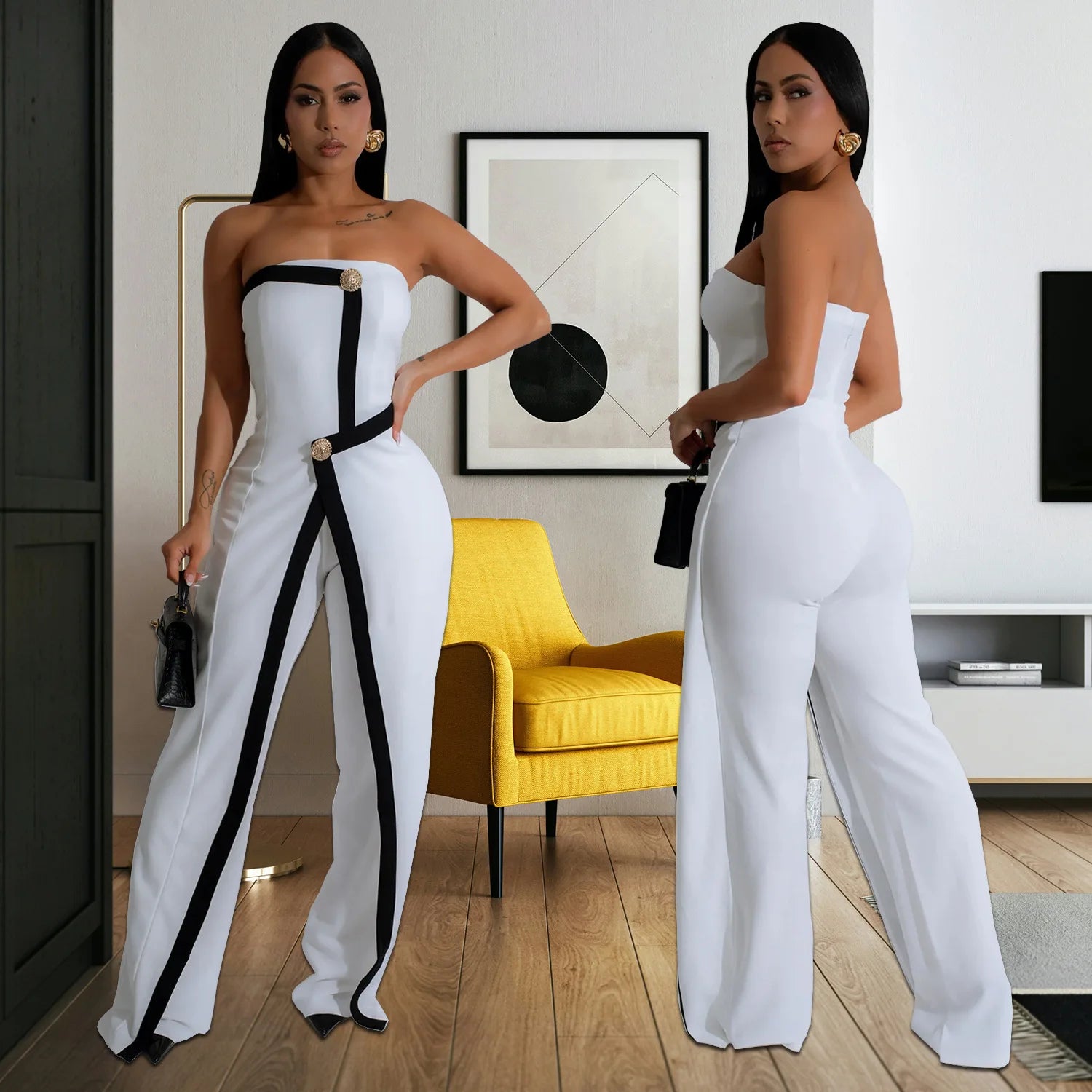 Elegant Sleeveless Wrap Chest Women's Button Strapless Irregular Jumpsuits 2025 One PieceWide Leg Outfits Night Club Streetwear.