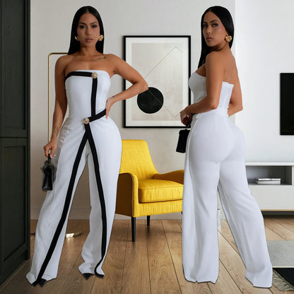 Elegant Sleeveless Wrap Chest Women's Button Strapless Irregular Jumpsuits 2025 One PieceWide Leg Outfits Night Club Streetwear.