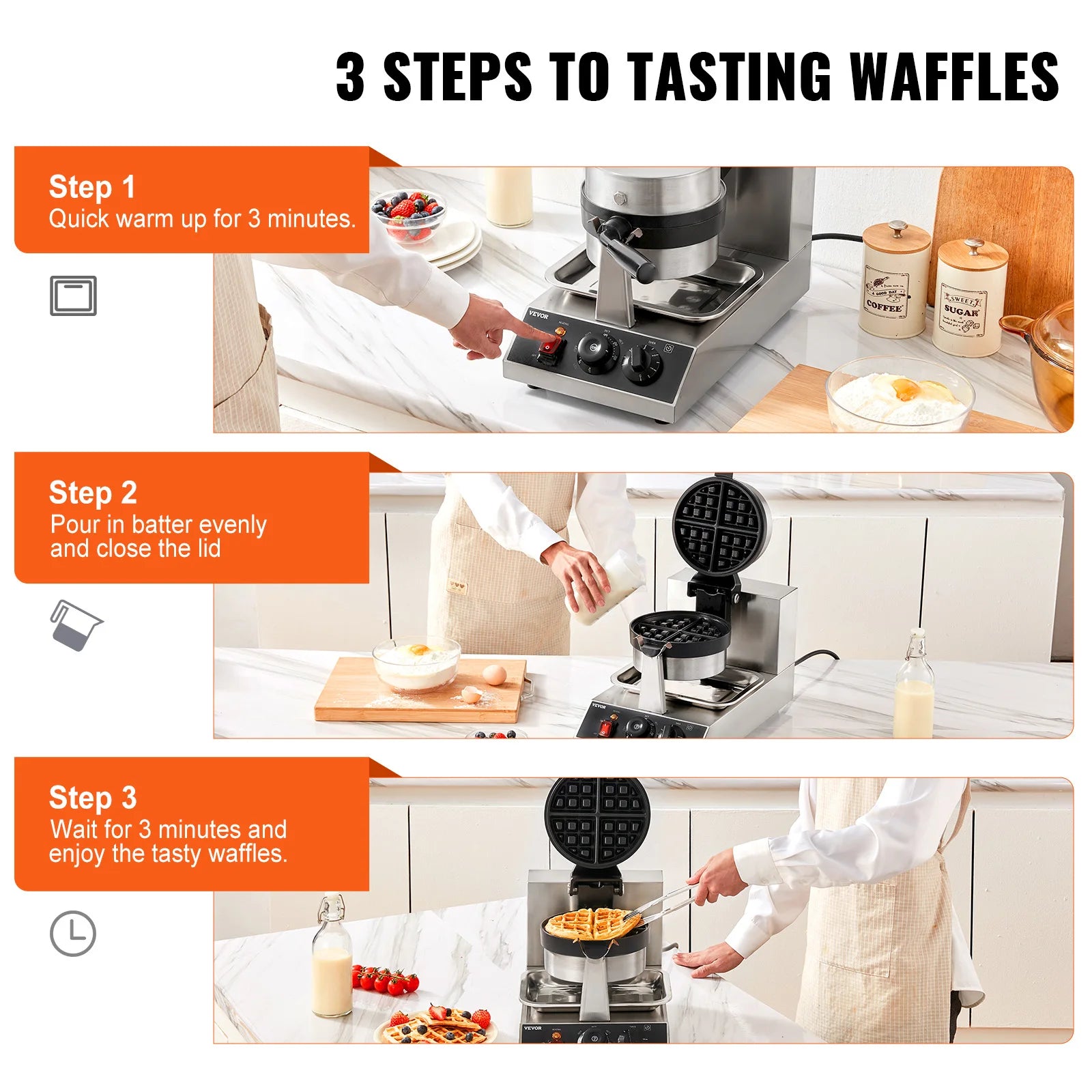 SucceBuy Electric Waffle Maker Stainless Steel Round Waffle Iron Non-Stick Waffle Baker Machine Teflon-Coated Baking Pans.
