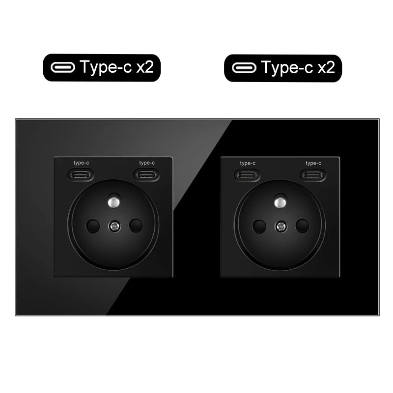 JHJCH Touch Lichtschalter Frankreich Steckdosen USB C Telefon Ladung Kristallglas 1/2/3Gang Wandschalter Doppelsteckdosen Schwarz.