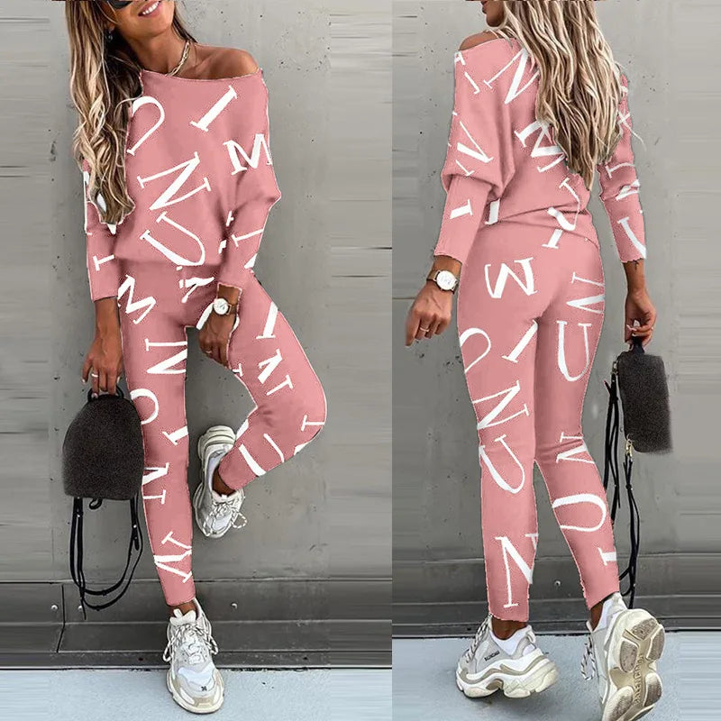 Autumn New Women's Fashion Letter Print Sexy Off Shoulder Long Sleeved Leggings Long Pants Casual Comfortable Two-piece Set.