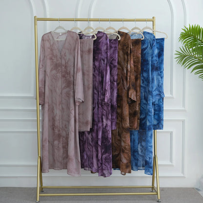 Uni Abaya Dubai 2025 Marble Print Hijab Abaya 2 Piece Set Chiffon Summer Modest Dresses Open Abaya Islamic Clothing.