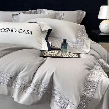 100% Egyptian Cotton White Luxury Embroidery Hotel Style Bedding Set Duvet Cover Set Flat/Fitted Bed Sheet Pillowcases 4Pcs.