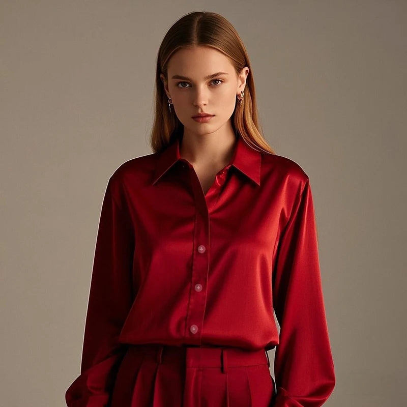 Luxury Satin Finish Shirts And Blouses For Women Clothes Casual Top OL Long Sleeve Single Breasted Elegant French Solid Blouses.