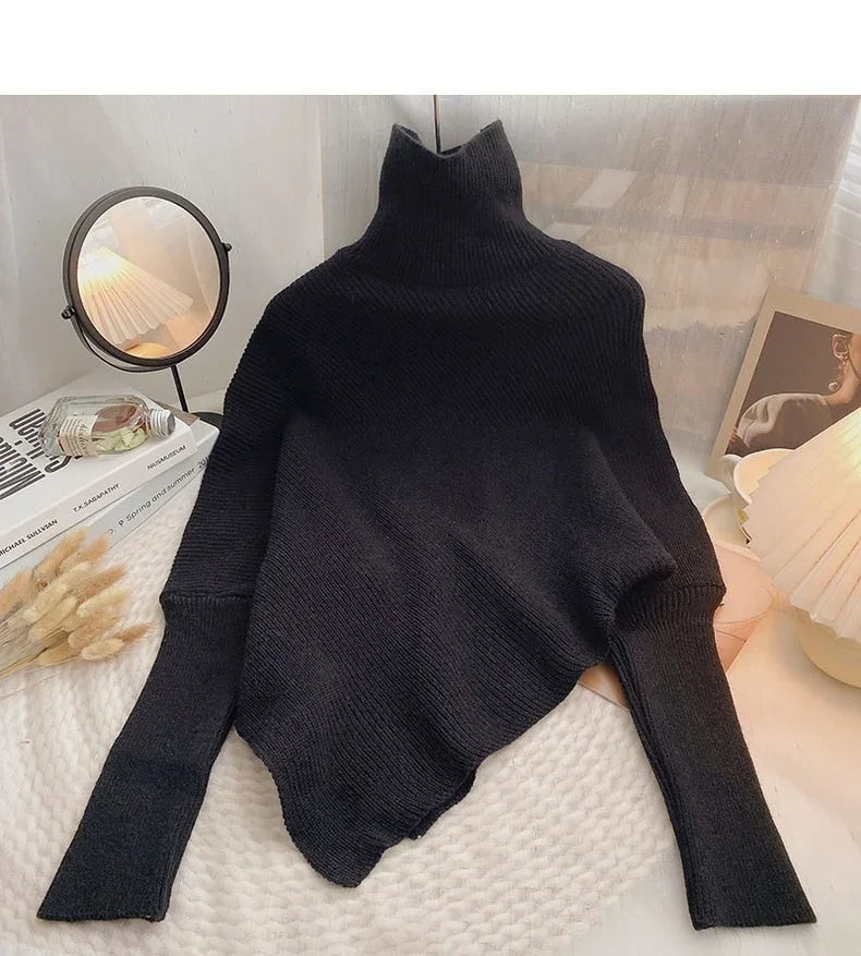 2025 Korea Herbst Winter Frauen Mode Unregelmäßigen Lose Stricken Pullover Vintage High Neck Langarm Weibliche Pullover Chic Tops.