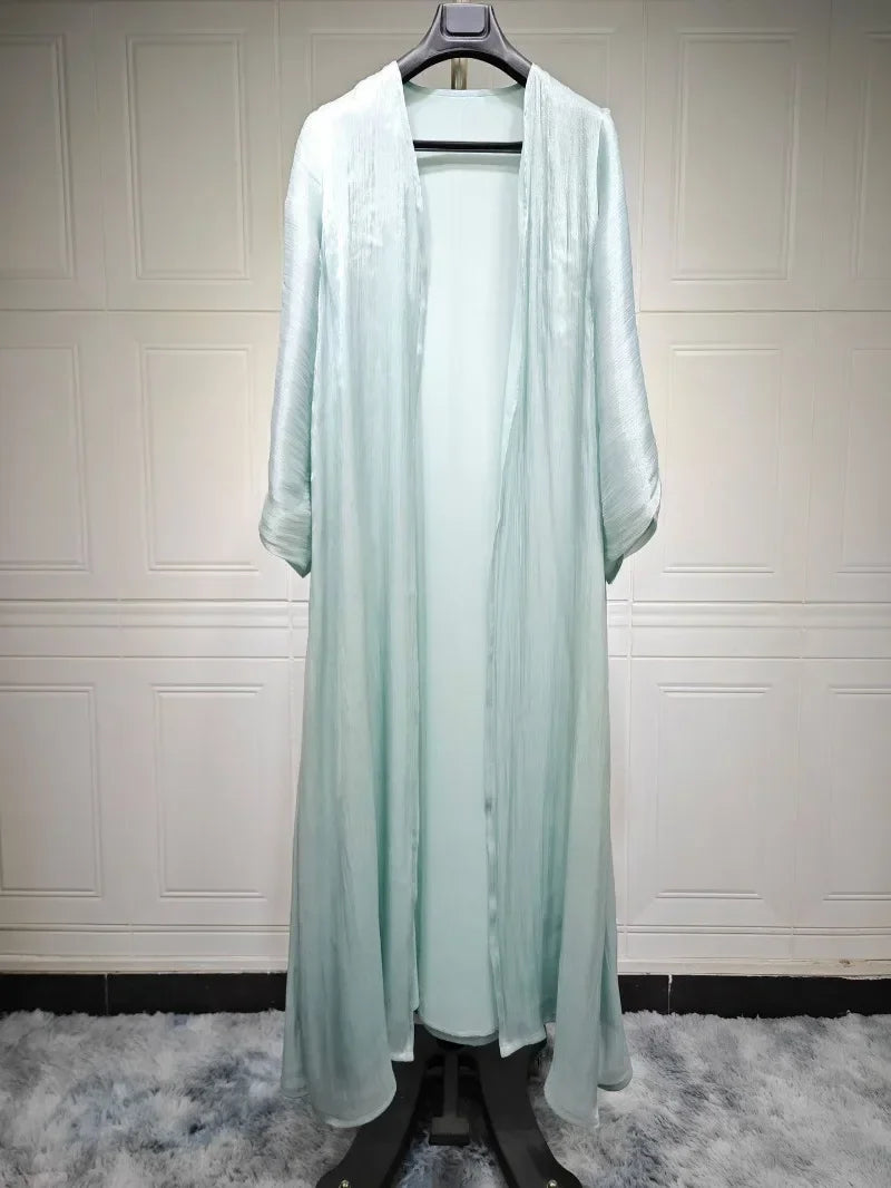 2025 Ramadan Satin muslimischen bescheidenen Kleid arabische Frauen öffnen Abaya Dubai islamische Langarm Cardigan Kleidung Truthahn schlichte Robe