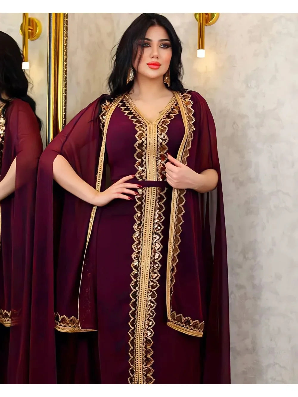 Elegant Muslim Abaya for Women Dress 2 Piece Set Chiffon Cloak Caftan Indian Party Dresses Sequins Kinono Robe Vestidos Abayas.