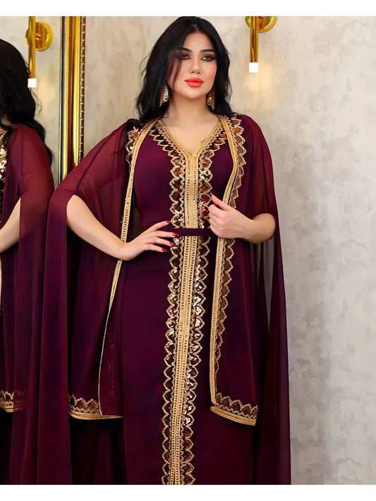 Elegant Muslim Abaya for Women Dress 2 Piece Set Chiffon Cloak Caftan Indian Party Dresses Sequins Kinono Robe Vestidos Abayas.