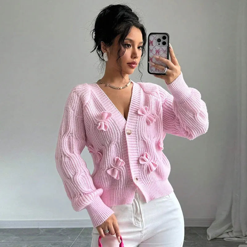 2025 Autumn And Winter Solid Color Long-sleeved Bow Knit Cardigan Jacket New Women's Elegant V-neck Button Versatile Sweater Top.