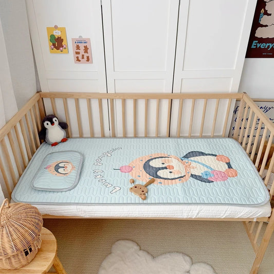 2pcs Cooling Viscose Fiber Latex Mat Set,Summer Bed Sheet Pad with Pillow,Cartoon Penguin Foldable Boy Girl Baby 60*120cm Sheet.