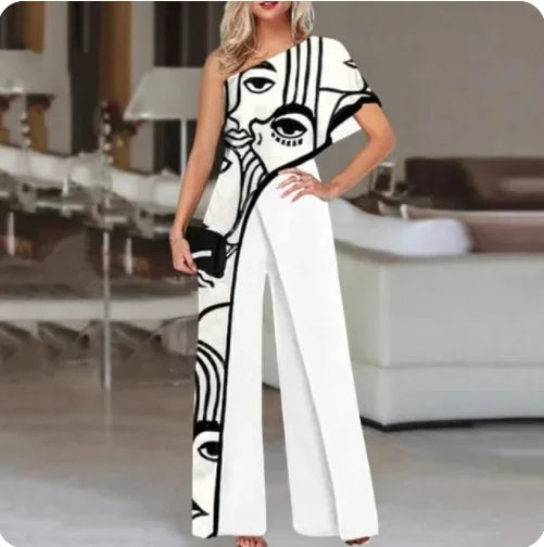 Fashionable Printed Pattern Wide Leg Pants Jumpsuit Independent Station Cross Border Spring Summer Women's Clothing.