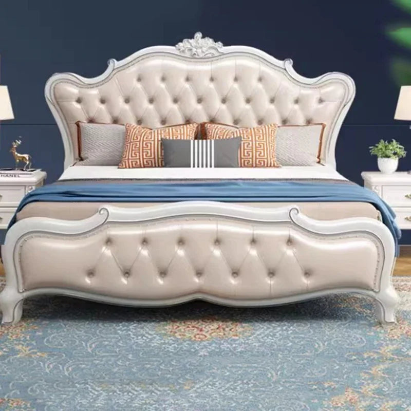 Europäisches Luxus-Doppelbett, modernes weißes King-Size-Doppelbett mit ästhetischem Rahmen, hochwertiges, schlafendes, beleuchtetes Deux-Tischmöbel für Schlafzimmer