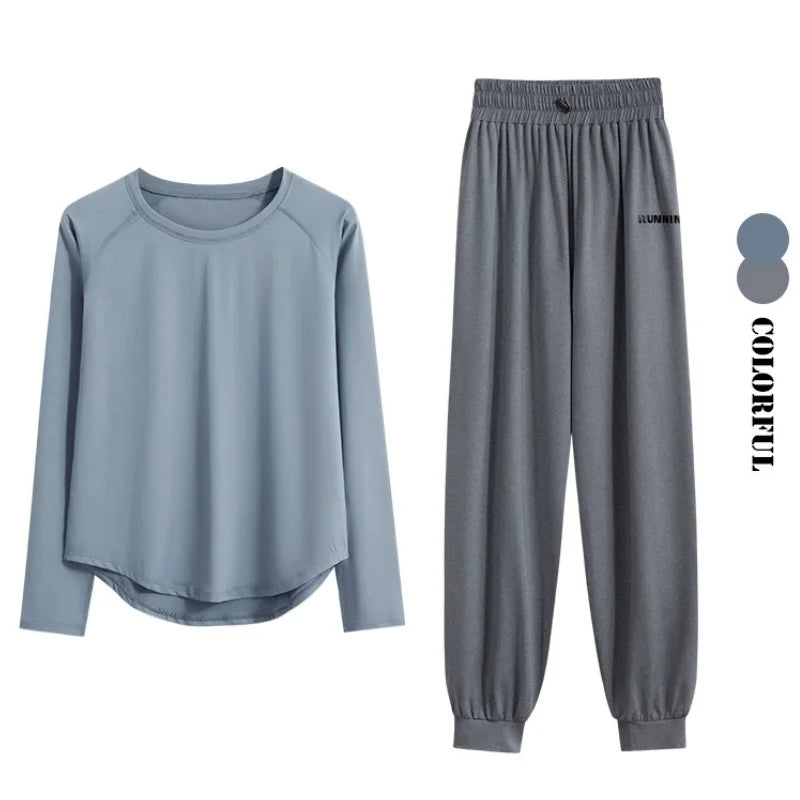 DRUR 2pcs Running Set Women Tracksuit Lightweight Loose Long Sleeve Sport Shirt Pants Sets 2 Piece Sportswear Outfit Gym Clothes