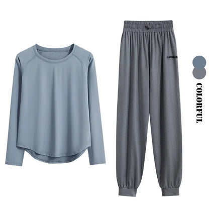 DRUR 2pcs Running Set Women Tracksuit Lightweight Loose Long Sleeve Sport Shirt Pants Sets 2 Piece Sportswear Outfit Gym Clothes