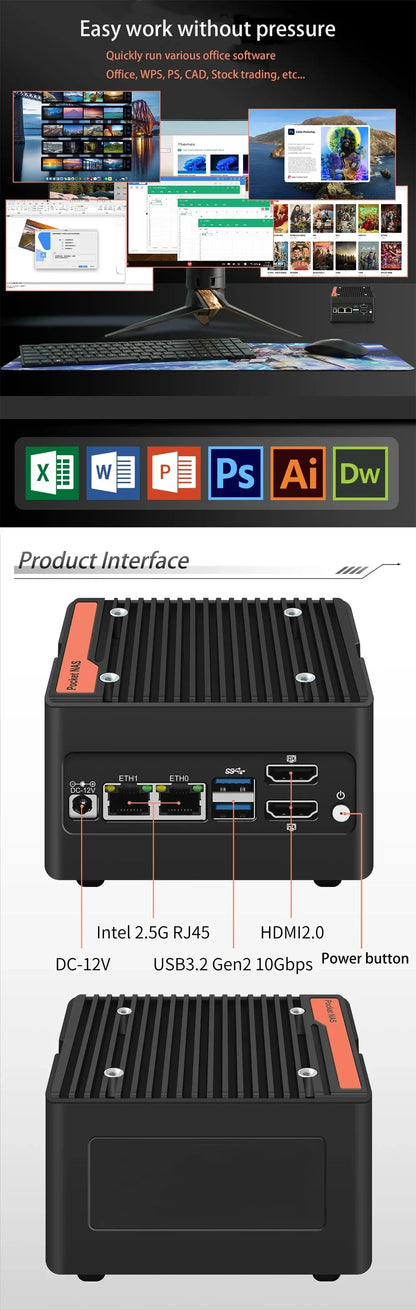 Mini PC Ιntel 12th Alder Lake-i3-N305 N100 Computer Windows 11 Pro Linux Ubuntu Dual LAN Home/Office Development NAS Computer.