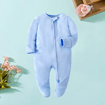 Frühling Neugeborenen Footed Pyjamas Zipper Mädchen und Jungen Strampler Langarm 0-12 Monate Baby Kleiden Overall Baumwolle Solide weiß Mode.