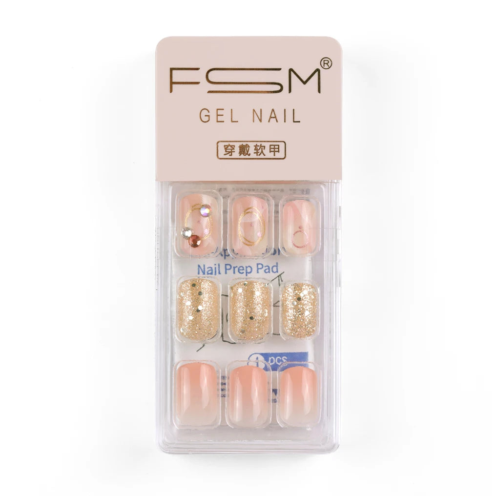 Press on Nails Short Square Fake Nails Designs Nude Glitter Full Cover Stick on Nails Bling Sequins  Nails for Women and Girls.