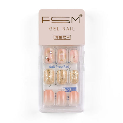 Press on Nails Short Square Fake Nails Designs Nude Glitter Full Cover Stick on Nails Bling Sequins  Nails for Women and Girls.