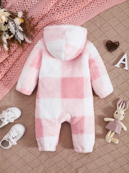 Baby-Strampler für Jungen und Mädchen, kariert, mit Kapuze, langärmelig, Plüsch-Overall, Winter, warmer Body, Kleidung für Kleinkinder im Alter von 3–24 Monaten.