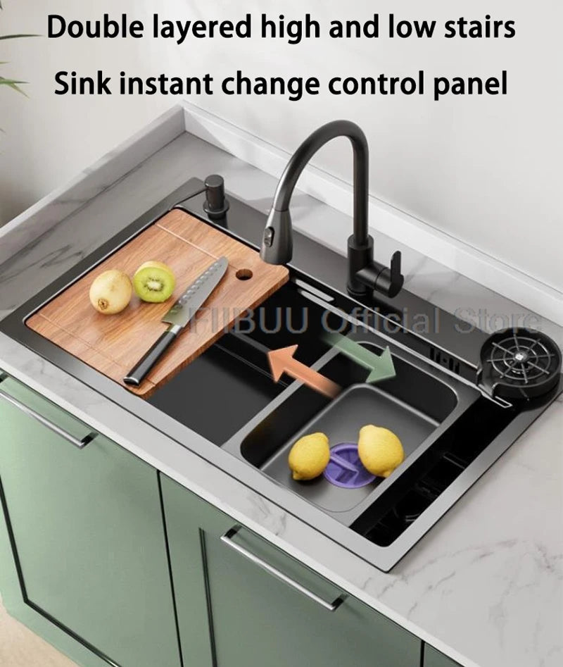 Küchenspüle, verdickter Edelstahl 304, doppelspurig, abgestuft, multifunktional, großer Einzelschlitz, Wasch-/Schnitt-/Abfluss in einem kompletten Satz