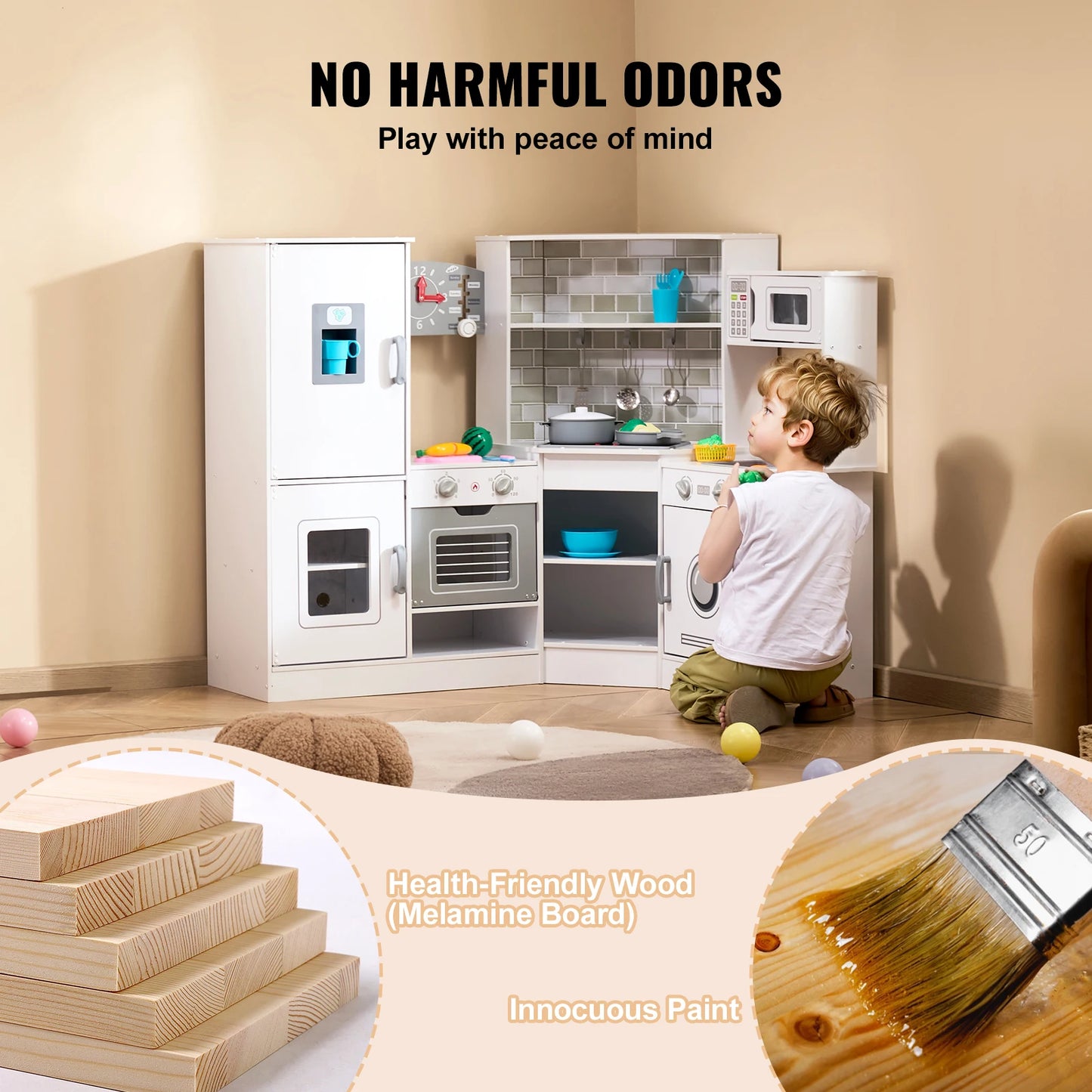 SucceBuy Corner Wooden Play KitchenToys Set Children Kitchenware toys with Lights & Sounds for Kids Preschoolers Girls Gifts.