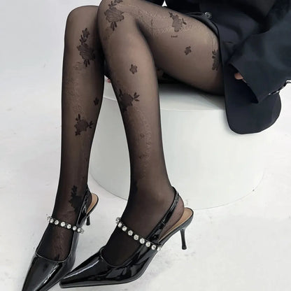 Spring Summer Transparent Floral Patterned Silk Stockings Women's Fashionable Belt Wrapped Pantyhose Thin Material Long Tube Soc.