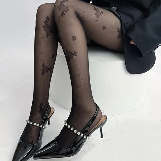 Spring Summer Transparent Floral Patterned Silk Stockings Women's Fashionable Belt Wrapped Pantyhose Thin Material Long Tube Soc.