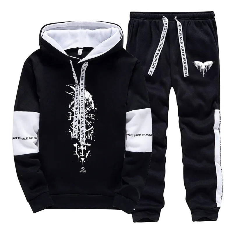 Fall Winter Daily Casual Sporty Jogger Sportswear Viking Raven Print Outfits 2025 New Fashion Men's Tracksuit Hoodies Sweatpants.