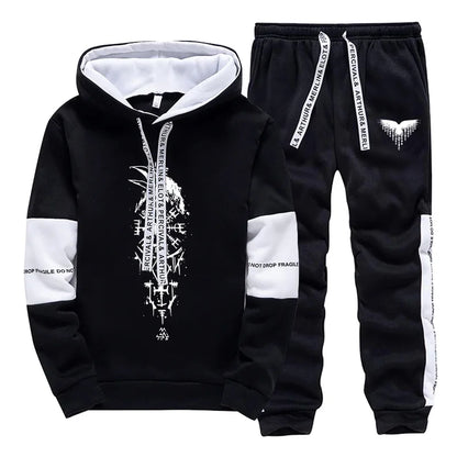 Fall Winter Daily Casual Sporty Jogger Sportswear Viking Raven Print Outfits 2025 New Fashion Men's Tracksuit Hoodies Sweatpants.
