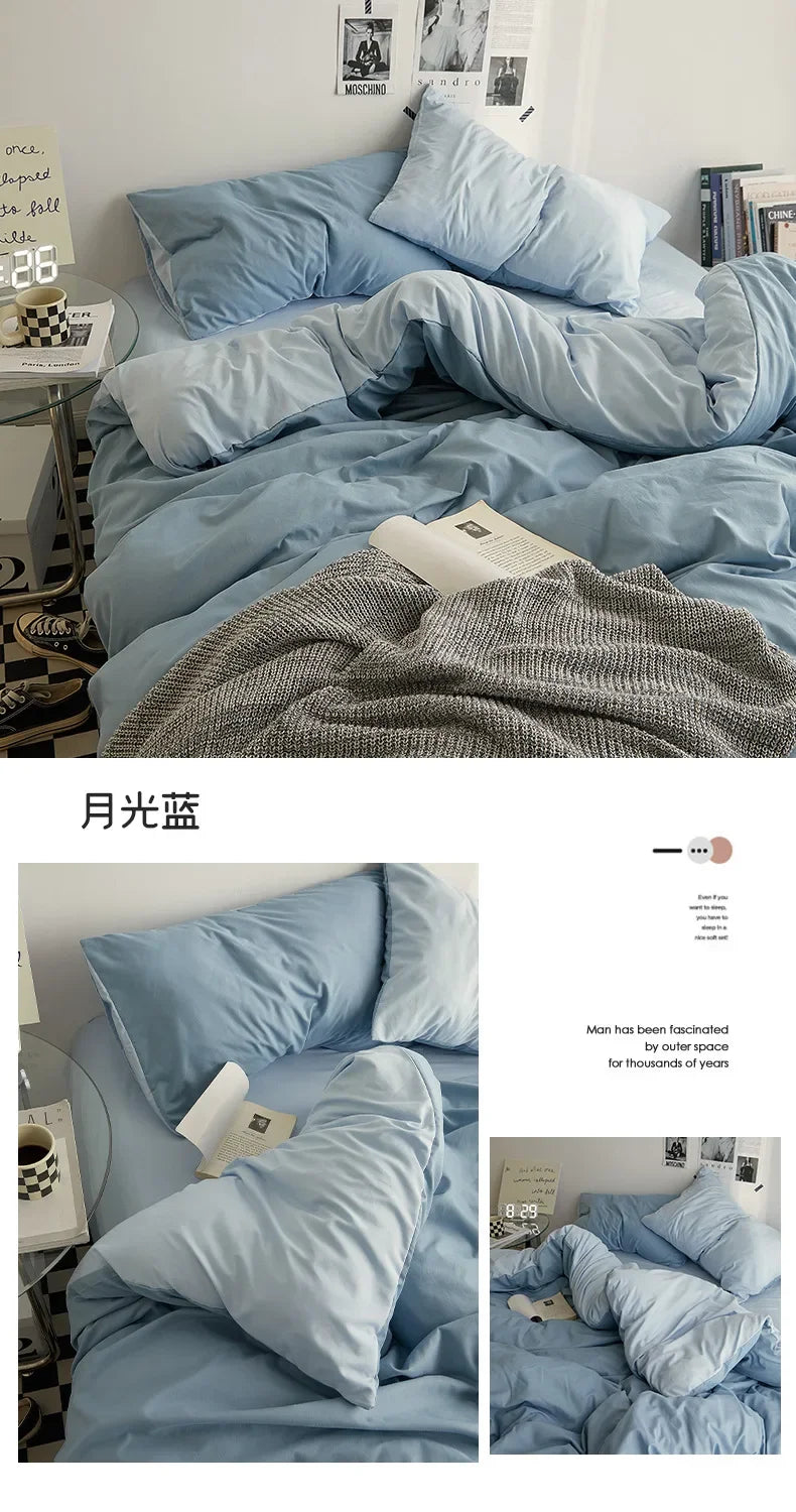 High Quality Solid Color Double Washed Cotton Bedding 4 Pieces Set Student Dormitory Bed Linen Duvet Set Bed Suit