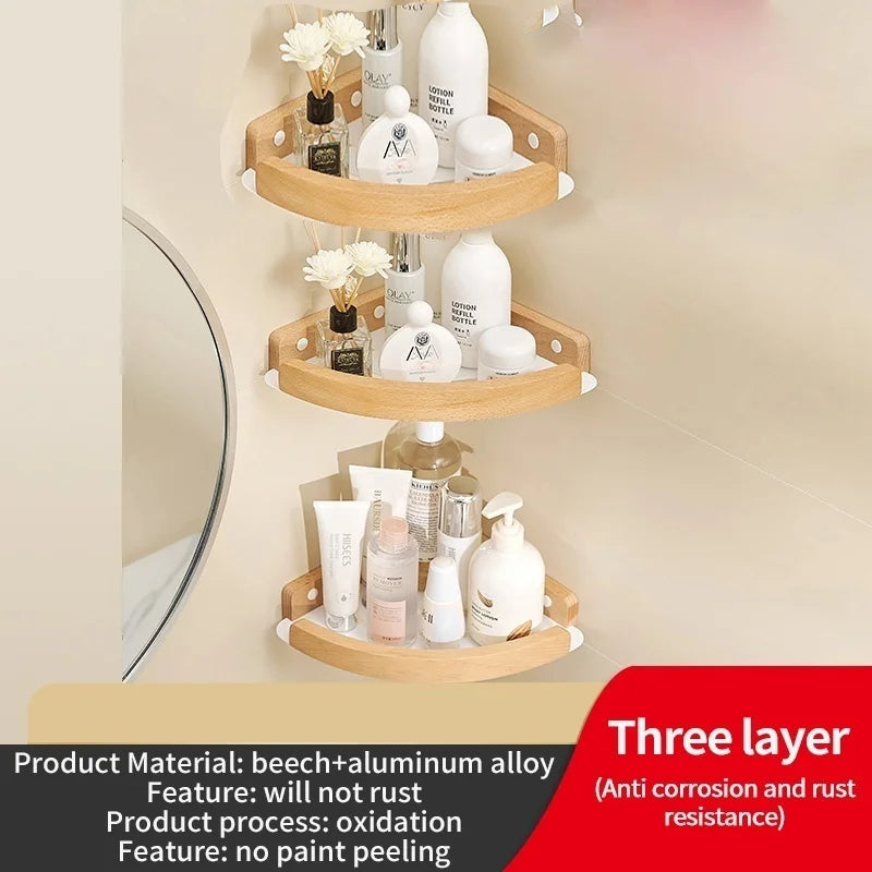 Badezimmer-Aufbewahrungsregal aus Holz und Aluminium, Aufbewahrungsregal für Badezimmer, perforationsfrei, Wandbehang, Waschtisch, WC, dreieckiges Eckregal