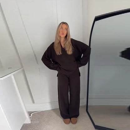 Casual Simple Loose Sweater Trousers Set Solid Color Retro Versatile Comfortable Streetwear Top Pants Commuting Women's Outfit.