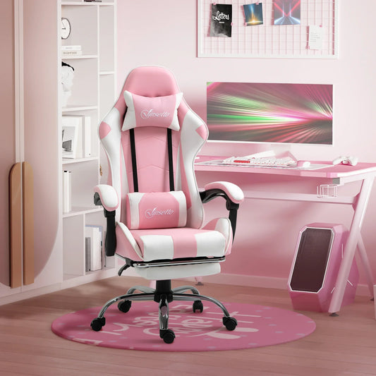 Gaming-Stuhl, Computerstuhl, ergonomischer Bürostuhl mit Kopfstütze, Lendenpolster, höhenverstellbar, 360° °   Rotation rosa + weiß