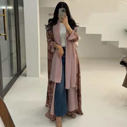 2025 sommer Arabisch Frauen Muslimische Kleidung Ramadan Dubai Offene Abaya Kleid mit Hijab Islam Gedruckt Chiffon 2 Stück Outfit.