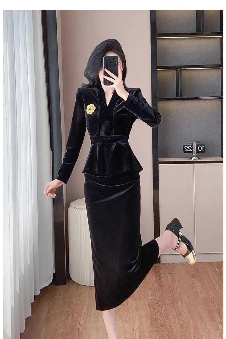 VigoAnne 2025 Solid V Neck Velvet 2 Piece Set Woman Long Sleeve High Waist Skirt Suits Lady Spring Autumn Korean Long Dress Suit.