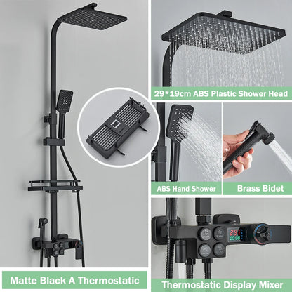 Black Thermostatic Shower Faucet Set For Bathroom Smart Display Hot Cold Water Mixer Tap Wall Mounted Rainfall System With Bidet