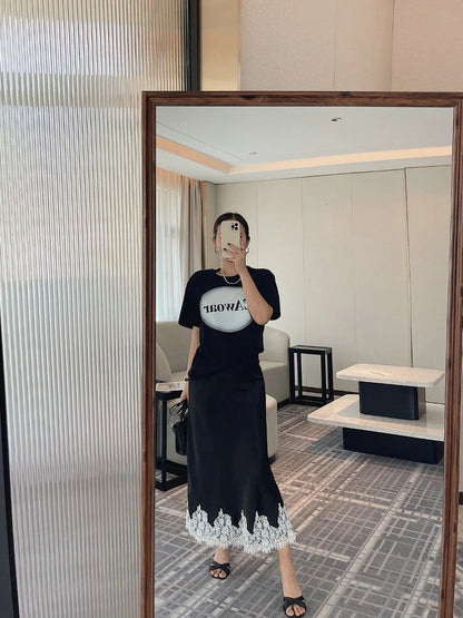 Satin Lace Patchwork Midi Skirt 2025 Women A-line Elegant Smooth Skirt Women Clothing.