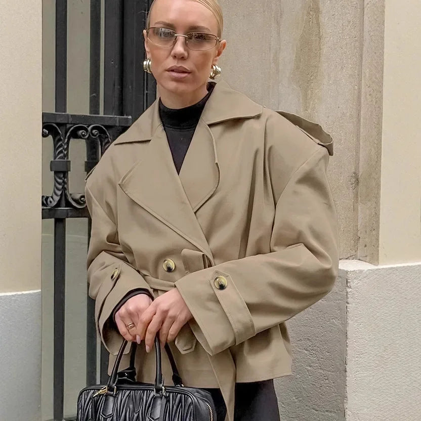 2025 Women Fall Lace-up Cropped Trench Coat Fashion Lapel Long Sleeves Wide Shoulder Windbreaker Jacket Commuting Daily Jackets.