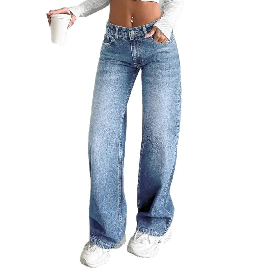 Fashionable High-Waist Straight-Leg Jeans Women's Long Pants Dragging on the Ground Old Style Decorative Zipper Closure.