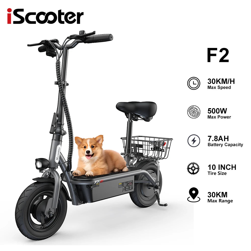 iScooter F2 Foldable Adult Electric Scooter with Seat E-Scooter 30KM/H Electric Kick Scooter 500W Skateboards Kickboard 10 Inch.