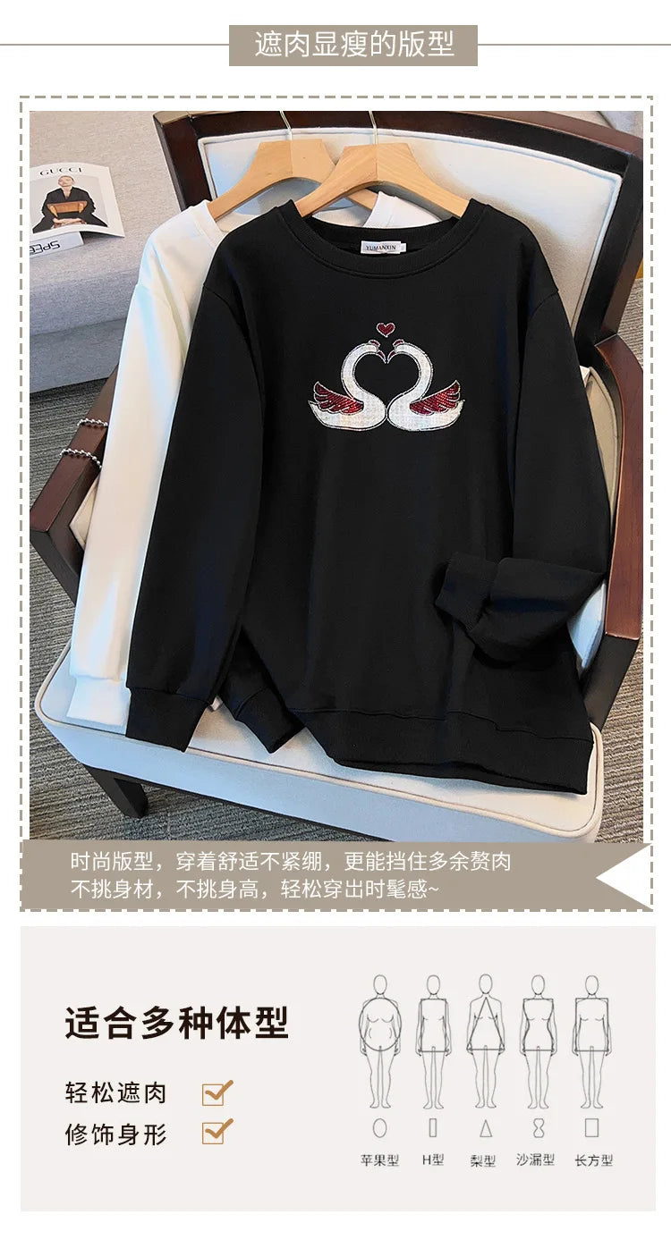 175 kg Übergröße Damen Büste 170 Herbst Lose Rundhals Langarm Diamant Schwan Sweatshirt Schwarz Weiß 5XL 6XL 7XL 8XL 9XL.
