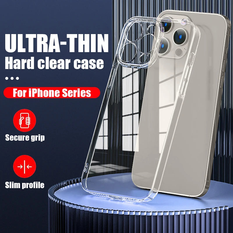 Ultra Thin High Transparent Hard PC Case For iPhone 17 15 14 13 12 16 Pro Max 16e 11 Crystal Clear Shockproof Bumper Phone Cover.