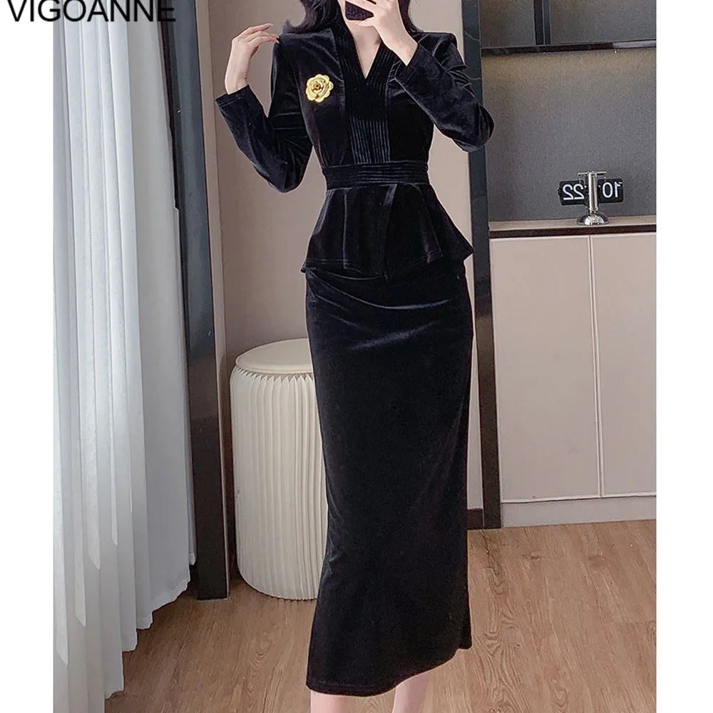 VigoAnne 2025 Solid V Neck Velvet 2 Piece Set Woman Long Sleeve High Waist Skirt Suits Lady Spring Autumn Korean Long Dress Suit.